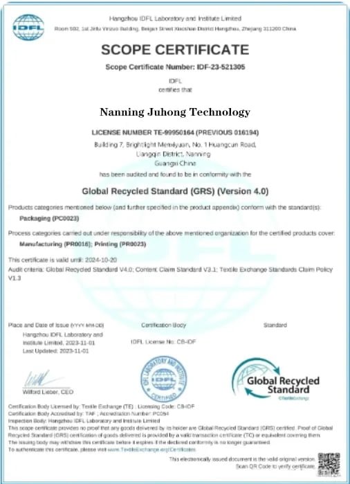 JuHong SPORTS Global Recycled Standard GRS Certification for Sustainable Materials