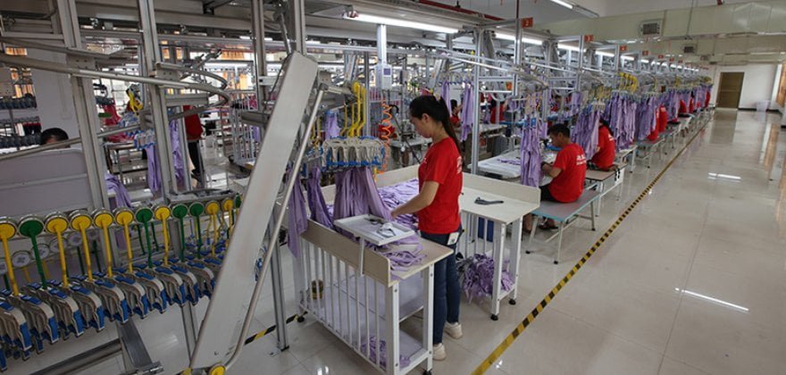 JuHong SPORTS factory production floor in Nanning, China -- vertically integrated sportswear manufacturing facility