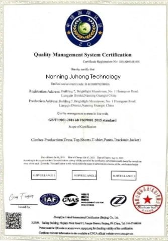 JuHong SPORTS ISO 9001 Quality Management System Certification