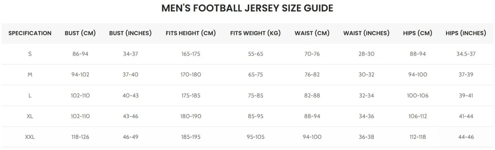 JuHong SPORTS football jersey international size chart 1 -- custom soccer kit sizing guide for men, women, and youth