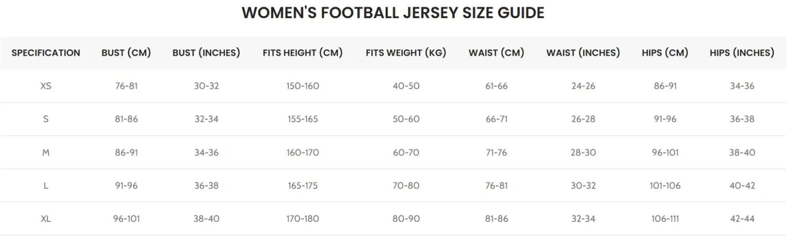 JuHong SPORTS football jersey international size chart 2 -- detailed measurements for custom soccer uniforms and team kits