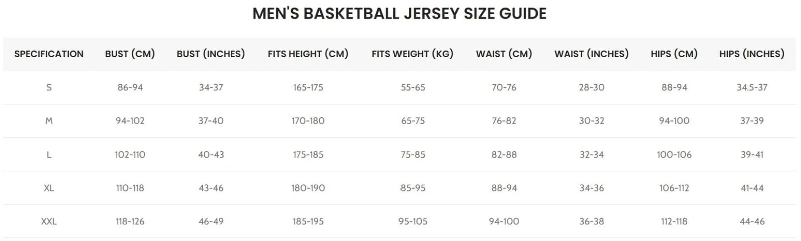 JuHong SPORTS basketball jersey international size chart 1 -- custom basketball uniform sizing guide for men, women, and youth teams